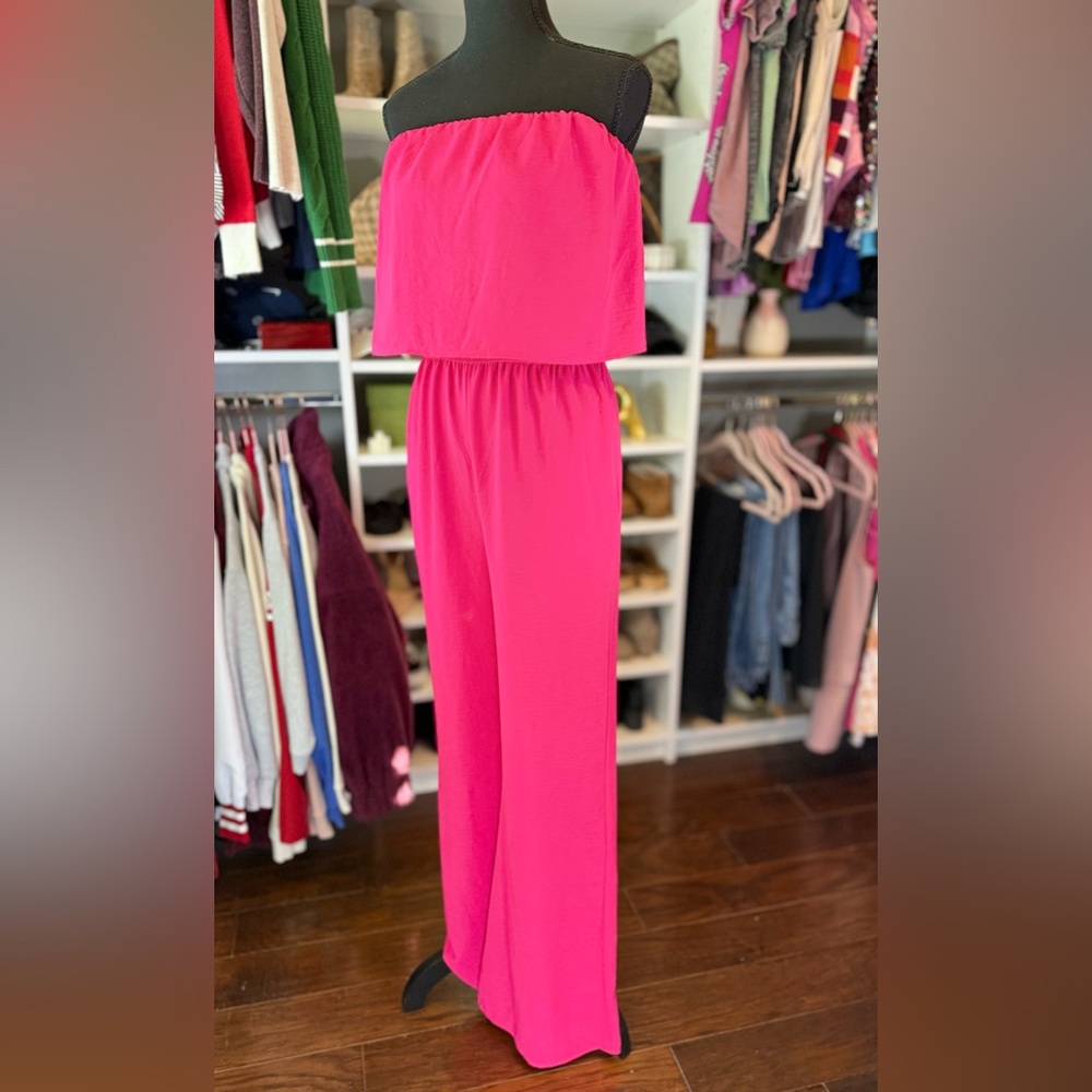 Elastic Strapless Ruffle Top Straight Leg Jumpsuit